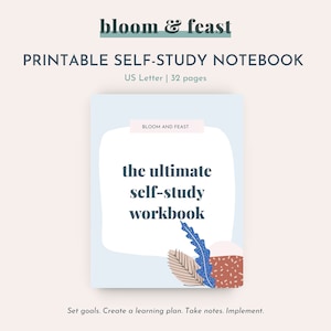 Peut inclure: Un cahier d'exercices d'auto-apprentissage imprimable avec une couverture bleue et blanche. La couverture présente une illustration stylisée de feuilles et le texte "the ultimate self-study workbook".