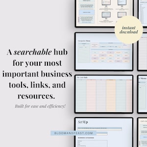 Title reads "A searchable hub for your most important business tools, links, and resources." Subtitle "Built for ease and efficiency!" Multiple tablet mockups show Navigation Menu, Link Hub, and Set Up tabs. "Instant download" badge in corner.