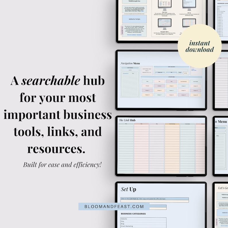 Title reads "A searchable hub for your most important business tools, links, and resources." Subtitle "Built for ease and efficiency!" Multiple tablet mockups show Navigation Menu, Link Hub, and Set Up tabs. "Instant download" badge in corner.