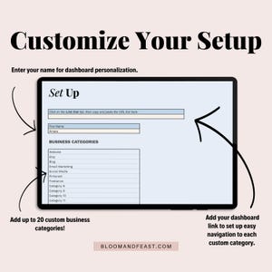 Title reads "Customize Your Setup" with subtitle "Enter your name for dashboard personalization." Tablet mockup of Set Up tab. Three callouts highlight: "Add up to 20 custom business categories!" and "Add your dashboard link to set up easy navigation to each custom category."