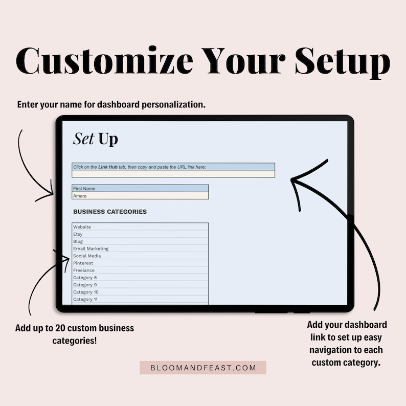 Title reads "Customize Your Setup" with subtitle "Enter your name for dashboard personalization." Tablet mockup of Set Up tab. Three callouts highlight: "Add up to 20 custom business categories!" and "Add your dashboard link to set up easy navigation to each custom category."