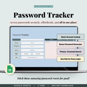 Google スプレッドシートのパスワード トラッカー、パスワード マネージャー、アカウント ログ、ログイン トラッカー、パスワード ジェネレーター付きのパスワード リスト スプレッドシート テンプレート