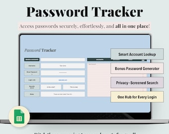 Plantilla de hoja de cálculo de seguimiento de contraseñas para Google Sheets, administrador de contraseñas, registro de cuentas, seguimiento de inicio de sesión y lista de contraseñas con generador de contraseñas
