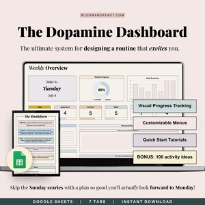 Puede incluir: Un planificador digital llamado "The Dopamine Dashboard" en una pantalla de portátil, con el texto "Weekly Overview" y "Tuesday, July 8." Incluye "Visual Progress Tracking", "Customizable Menus" y "Quick Start Tutorials."