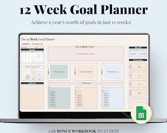 12 Week Goal Planner Google Sheets, Task Tracker Quarterly Planner with Vision Board, 90 Day Productivity Planner Spreadsheet Template
