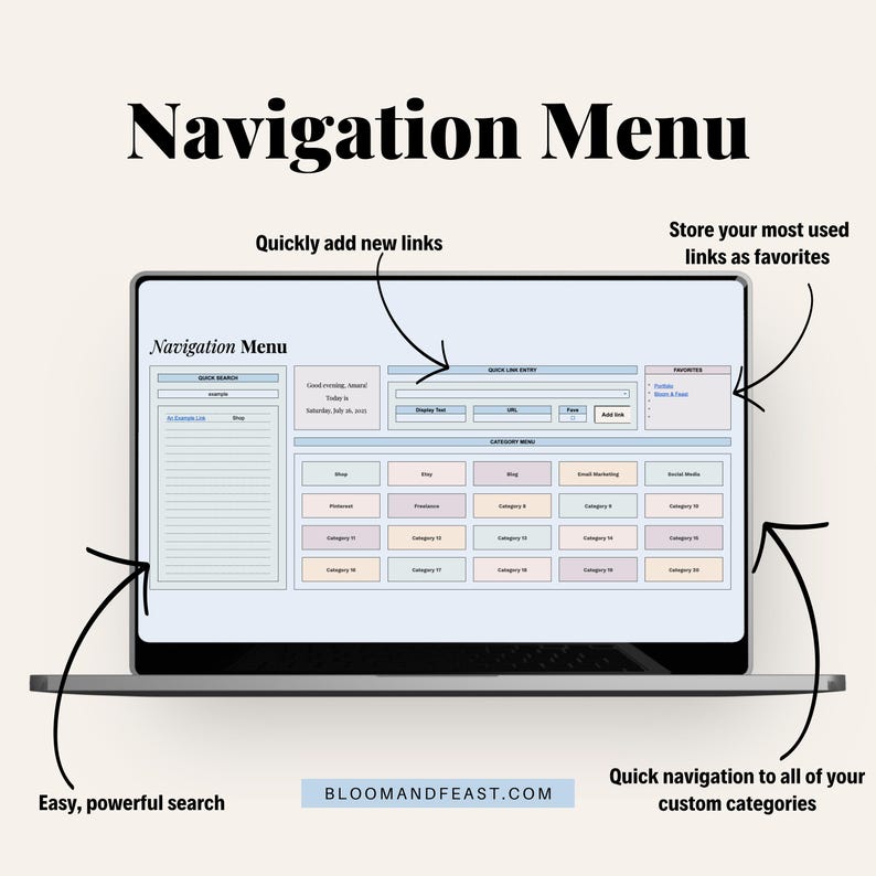 Title reads "Navigation Menu." Laptop mockup of Navigation Menu tab. Four callouts highlight: "Quickly add new links," "Store your most used links as favorites," "Easy, powerful search," and "Quick navigation to all of your custom categories."