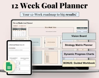 12 Week Planner Self Improvement 90 Day Action Plan Google Sheets Weekly Planner with Goal Setting Workbook, Vision Board Kit & Task Tracker
