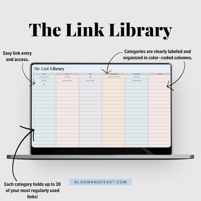 Title reads "The Link Library." Laptop mockup of Link Library tab. Three callouts highlight: "Easy link entry and access," "Categories are clearly labeled and organized in color-coded columns," and "Each category holds up to 20 of your most regularly used links!"