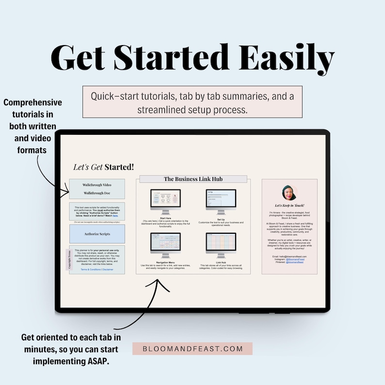 Title reads "Get Started Easily" with description "Quick-start tutorials, tab by tab summaries, and a streamlined setup process." Laptop mockup of tutorial page titled "Let's Get Started!" Two callouts read "Comprehensive tutorials in both written and video formats" and "Get oriented to each tab in minutes, so you can start implementing ASAP."