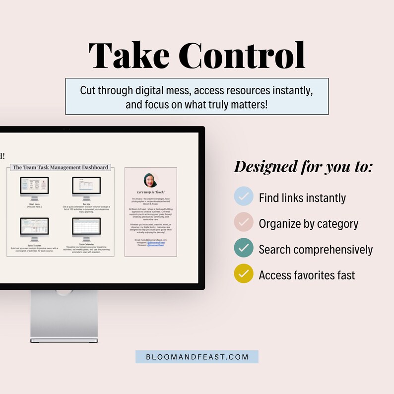 Title reads "Take Control" with description "Cut through digital mess, access resources instantly, and focus on what truly matters!" Computer mockup showing dashboard overview. Right side lists "Designed for you to:" with items "Find links instantly," "Organize by category," "Search comprehensively," and "Access favorites fast."