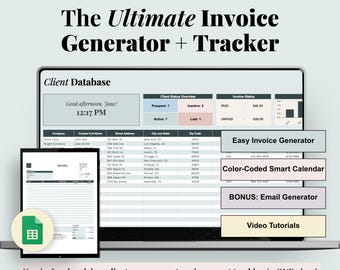 Invoice Tracker and Generator with Client Database, Invoice Template and BONUS Invoice Email Generator, Freelance Business Spreadsheet