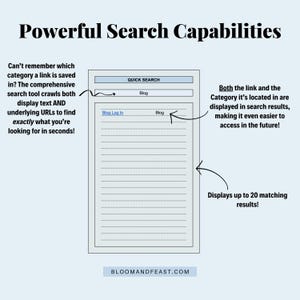 Title reads "Powerful Search Capabilities." Screenshot of search interface with callouts describing: "Can't remember which category a link is saved in? The comprehensive search tool crawls both display text AND underlying URLs to find exactly what you're looking for in seconds!" "Both the link and the Category it's located in are displayed in search results," and "Displays up to 20 matching results!"