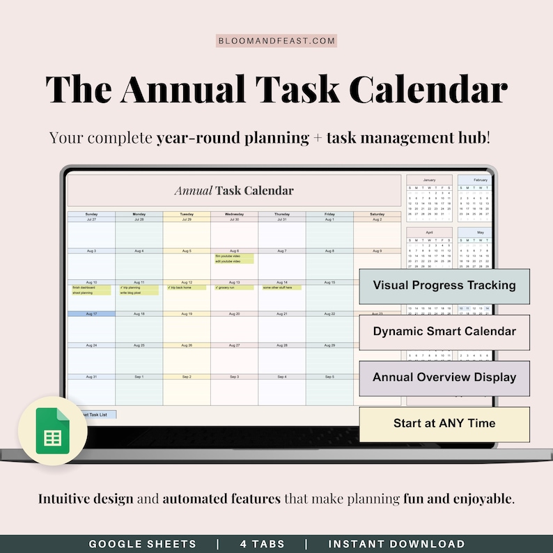 Yearly Calendar to Do List Task Tracker Google Sheets Planner Template ...