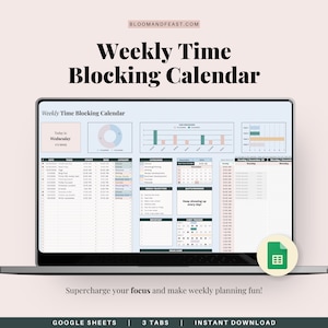 Puede incluir: Una pantalla de computadora portátil que muestra una plantilla de calendario de bloqueo de tiempo semanal en Google Sheets. La plantilla está diseñada para ayudar a los usuarios a programar su tiempo y realizar un seguimiento de su progreso. La plantilla incluye secciones para tareas diarias, objetivos semanales y notas importantes. La plantilla está disponible para descarga instantánea.