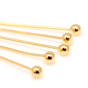 B298-5g-0.5*30mm Gold Plated, Brass Ball End Head Pins w/ 2mm Ball, Soft Type