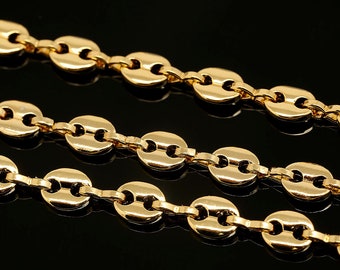 May include: A gold chain necklace with a classic oval link design. The chain is made of polished metal and has a smooth, shiny finish.