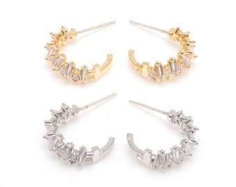 Pendientes cúbicos de corte baguette, micropavé de circonitas cúbicas, pasador de plata, sin níquel [C1242-1 par]