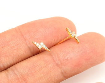 16K Real Gold Plated E-Coated CZ Lightning Bolt Stud Earrings, Thunderbolt, Nickel Free [CH2101-1pair]