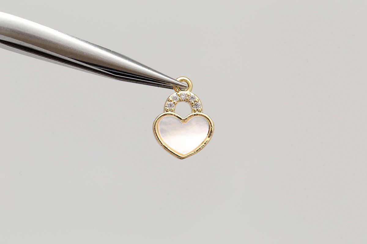 M1968-2pcs-gold Plated-11*8mm M.O.P Heart Lock Charms-tiny CZ
