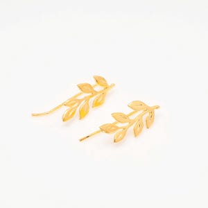 Pendientes trepadores con forma de hoja, chapados en oro auténtico de 16 quilates y con revestimiento electroforético, sin níquel [S1374-1 par]