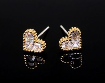 CH0044-1pairs-Gold Plated-8.5*6.8mm CZ Heart Earrings,Nickel Free-Silver Post-Jewelry Findings