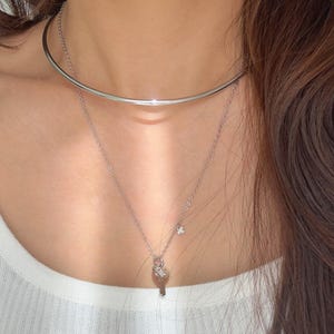 Op de afbeelding: Een zilveren choker ketting en een hanger ketting. De choker is een eenvoudige, gepolijste band. De hanger ketting heeft een kleine bedel met een sleutelontwerp en een kleine klaver bedel. De sieraden worden door een persoon gedragen.