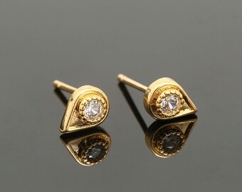 CH6125-1pairs-Gold Plated-6*8mm Tiny CZ Earrings-Water drop Post Earrings-Nickel Free