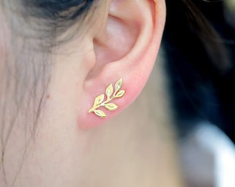 S1374-1 pairs-Gold Plated-Leaf Ear Climbers-Leaf Ear Crawle-Simple Ear Cuff-Ni Free