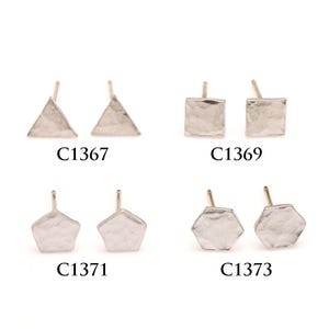 May include: Four pairs of silver-toned stud earrings in geometric shapes: triangles, squares, pentagons, and hexagons. Each pair has a textured surface and a post backing. The product codes C1367, C1369, C1371, and C1373 are printed below each pair.