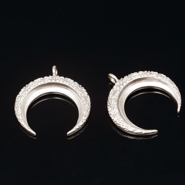 M1931-2pcs-Matt Rhodium Plated-Flower Crescent Moon Pendants-Flower Horn Pendants Charms