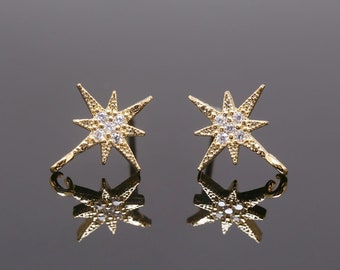 H1385-1pairs-Gold Plated-9.5mm CZ North Star Ear Post-Tiny North Star Earrings-Silver Post