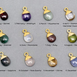 May include: Twelve gold-plated charms, each featuring a different gemstone, representing the birthstones for each month of the year. The charms are arranged in four rows of three, with the month and gemstone name listed below each charm.