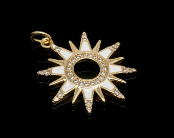 CH5083-1piece-22mm Gold Plated- CZ Sun Pendant- White Epoxy Sun Charms