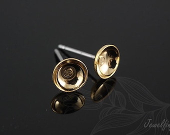 B258-2 pairs-Gold Plated over Brass 6mm Cupped with Ni Free Post-Cupped Ear Post-Cup Stud Earring Post