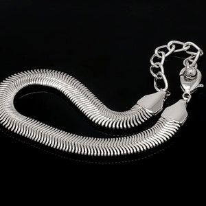 May include: A silver snake chain necklace with a lobster clasp closure.