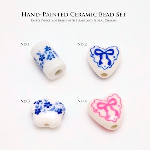 TM002-4pcs Ceramic Heart Beads Pendant,Flower Patterns Ceramic Beads,DIY Jewelry Making Craft Supplies