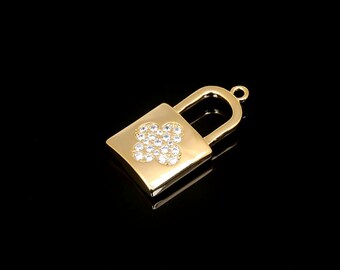 CH0040-1piece-Gold Plated-23*12mm Cubic Clover Lock  Charms-CZ Micro Pave Lock Pendant-Jewelry Making Supply