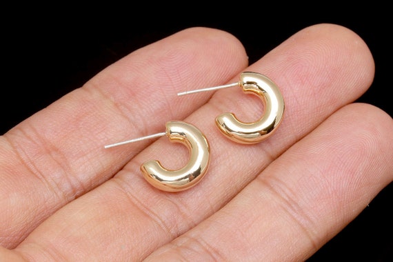 CE0638-1pair, 16K Real Gold Plated 13.5mm Bold Round Hoop Earrings, 4mm Thickness Simple Earrings, Silver Post, Nickel Free