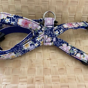 Floral Dog Harness, Plum Blossoms Pattern,Navy-blue, Medium Size, Shiba Inu Vest, Japanese Pet Walking Accessory, Adjustable Hand made