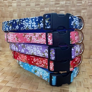 May include: A stack of five dog collars in various colors, each adorned with a floral pattern. The collars feature a black plastic buckle and a silver metal D-ring. Colors include navy blue, pink, purple, red, and light blue.