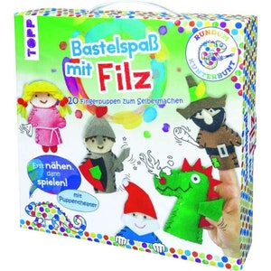 May include: A box of felt finger puppets for kids to make. The box has a colorful design with the text "Bastelspaß mit Filz" and "20 Fingerpuppen zum Selbermachen". The puppets include a knight, a dragon, a dwarf, a princess, and a pirate.