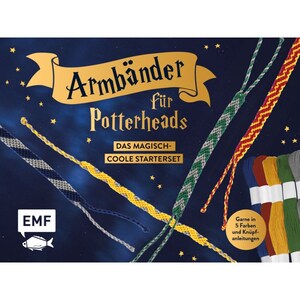 May include: A dark blue promotional image featuring handmade friendship bracelets in various colors. The text reads "Armbänder für Potterheads" and "DAS MAGISCH-COOLE STARTERSET". The image also includes spools of thread and instructions.