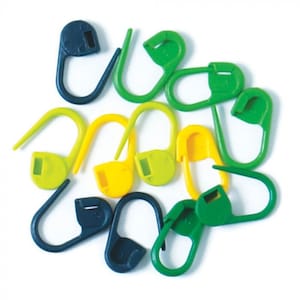 May include: A set of 12 colourful plastic stitch markers in green, yellow, and blue. The markers are shaped like a loop with a small button on one end.
