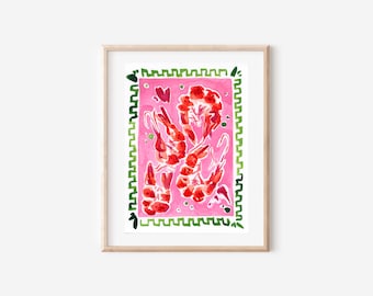 Pink Shrimp Watercolor Art Print: Coastal Beach Decor