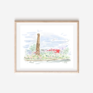 May include: A watercolor painting of a wooden totem pole with a carved face, standing in front of a red-roofed building. The scene is set against a blue sky with white clouds and birds flying overhead.