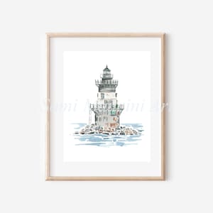 May include: A watercolor painting of a lighthouse on a small island. The lighthouse is white with a black roof and a black lantern. The water is blue and the sky is white.