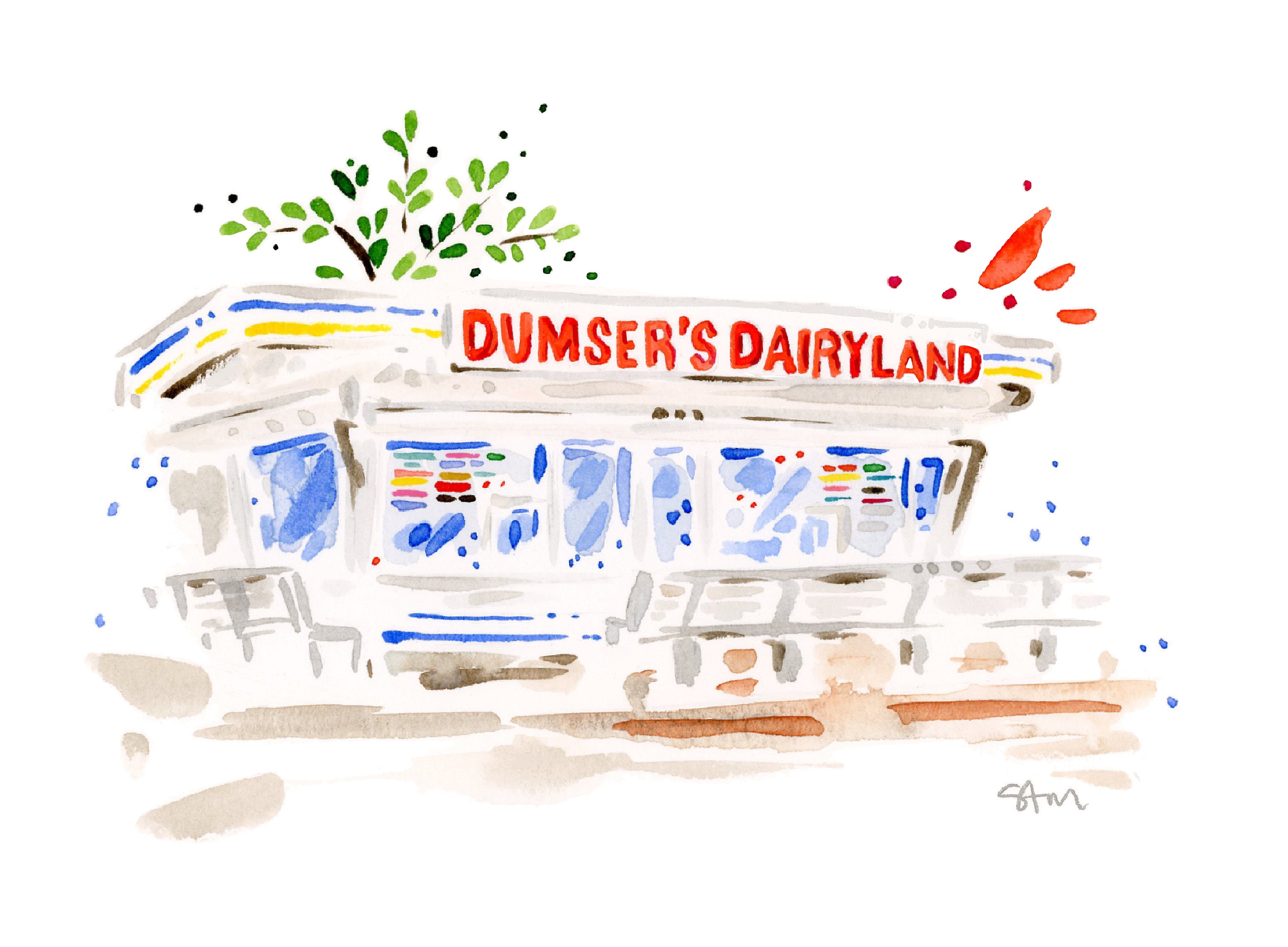 Dumsers Dairyland Ice Cream Matted Watercolor Fine Art Print. Ocean