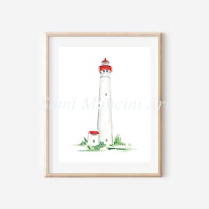May include: A watercolor painting of a white lighthouse with a red roof. The lighthouse is surrounded by green bushes and a small white building with a red roof.