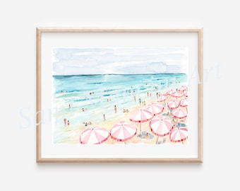 Pink Umbrella Beach Print: Summertime Coastal Wall Art