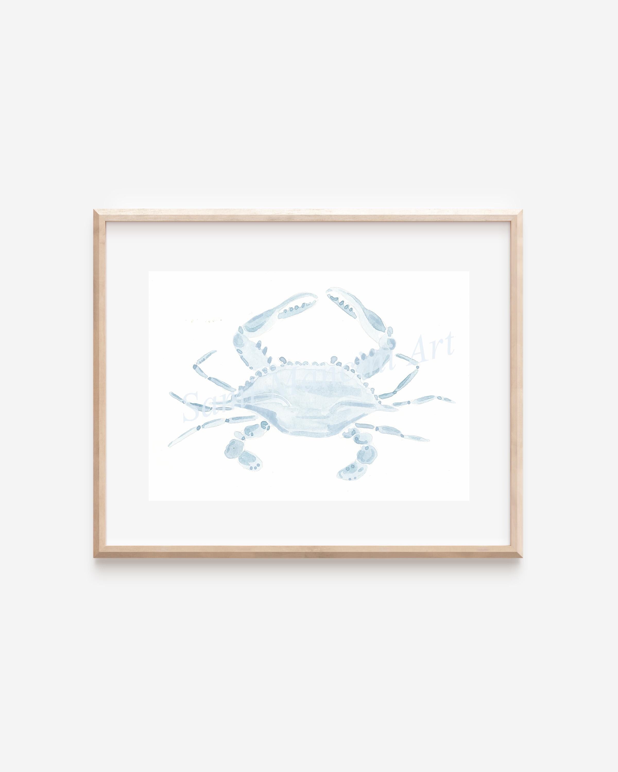 Blue Crab Watercolor Fine Art Print, Coastal theme, Beach Artwork, Blue and White